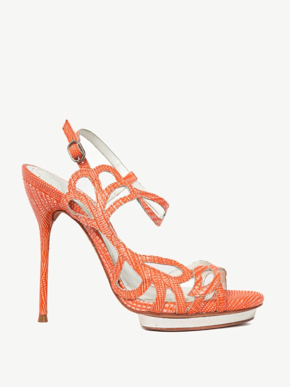 Alice + Olivia Phoebe Coral Highlighter Lizard-Embellished Cutout Sandals